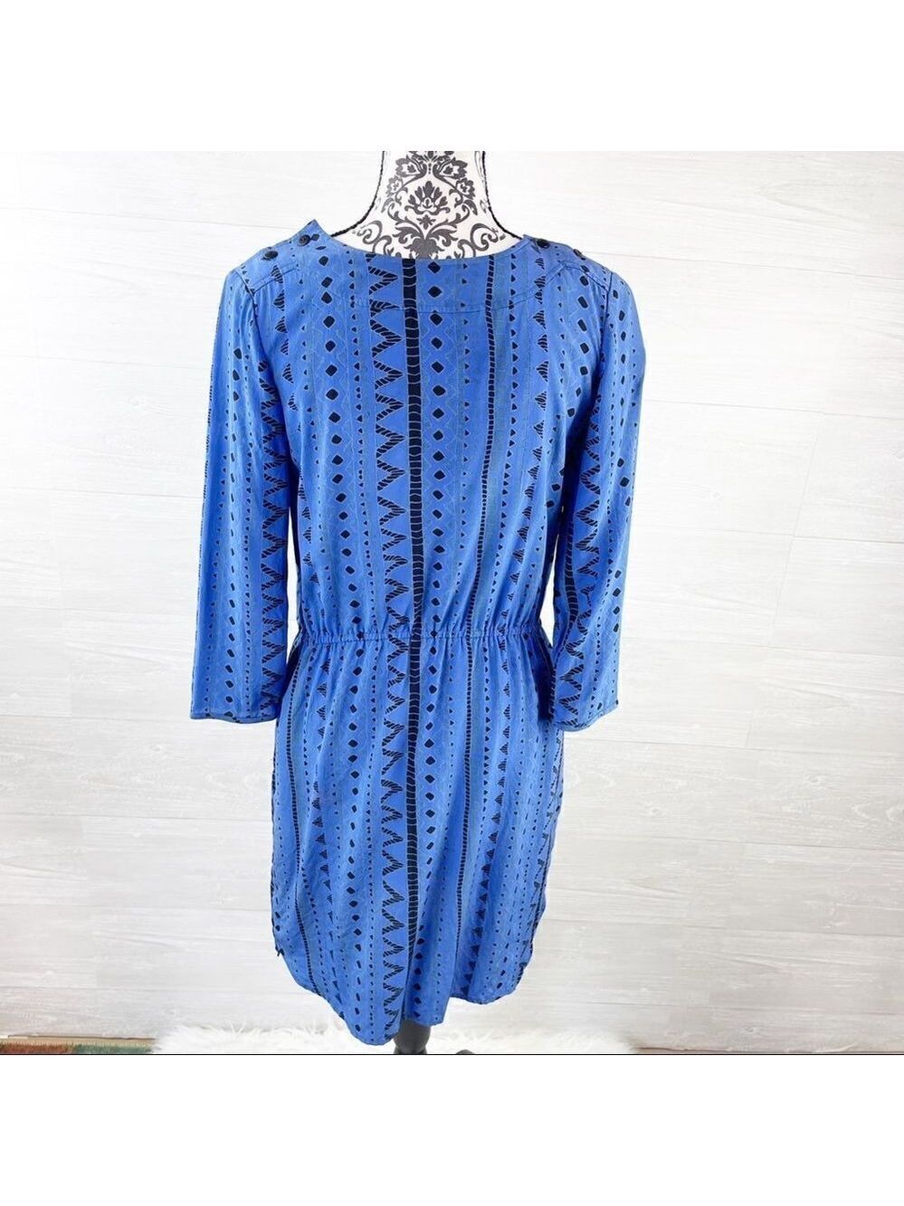 Tibi Into The Blue Tribal Silk Shirt Midi Dress